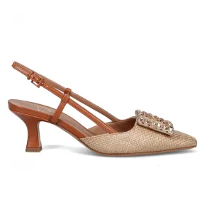 Slingback Roberto Festa Stefi in rafia beige e pelle cuoio